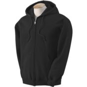 A black hooded sweatshirt with a white collar and sleeves.