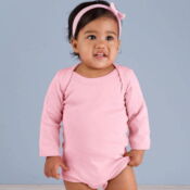 A baby girl wearing a pink onesie and headband.
