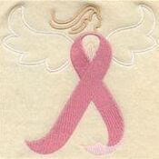 A pink ribbon with wings and angel on it.