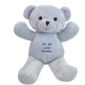 A blue teddy bear with the words " i 'm so little brother ".