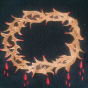 A painting of a crown of thorns with blood dripping down the middle.