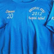 A close up of the back of a blue shirt