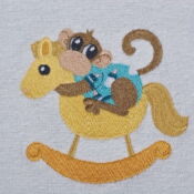 A monkey riding on the back of a rocking horse.