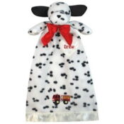 A dalmatian dog with red bow tie and name on it.