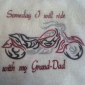 A motorcycle with the words " someday i will ride with my grand-dad ".