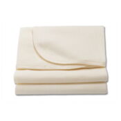A pair of white blankets with blue flowers on the corner.