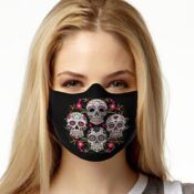 Black cloth mask decorated with sugar skulls