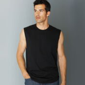 A man wearing black shirt and blue flowers on the front.