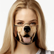 Blonde woman wearing dog snout face mask