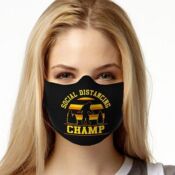 Woman wearing "Social Distancing Champ" mask