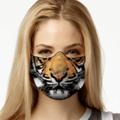 Blonde woman wearing tiger-print face mask