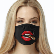 Blonde woman wearing black mask with cigar lips
