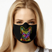 Woman wearing black mask with colorful cat design