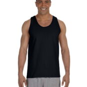 A man wearing black tank top with blue flowers on it.