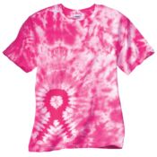 A pink tie dye shirt with a breast cancer ribbon on it.