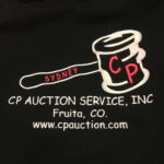 Embroidered CP Auction gavel logo with text