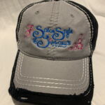 Gray baseball cap with blue script and flowers