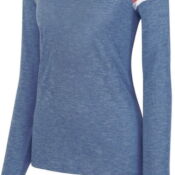 A blue long sleeve shirt with flowers on it.