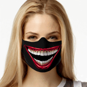 Woman wearing black mask with grinning teeth