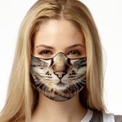Blonde woman wearing photo-realistic cat-face mask