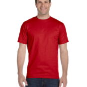 A man wearing red shirt with blue flowers on it.