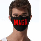 Man wearing black fabric mask printed "MAGA
