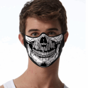 Person wearing black skull-print face mask