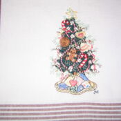 Embroidered Christmas tree on red-striped kitchen towel