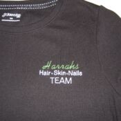 Black T-shirt embroidered Harrahs Hair Skin Nails TEAM