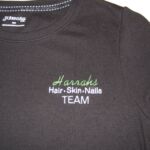 Black T-shirt embroidered Harrahs Hair Skin Nails TEAM