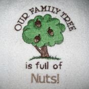 Humorous embroidered family tree with acorns