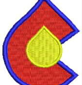 Red embroidered "C" patch with yellow droplet