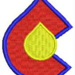 Red embroidered "C" patch with yellow droplet