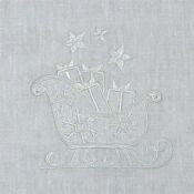 A white cloth with a sleigh and stars on it.