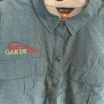 Green checkered button-up shirt with Garden logo