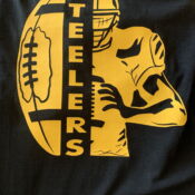 Gold Steelers split logo with football player