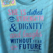 Teal shirt reading Proverbs 31:25 inspirational quote