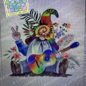 Hippie gnome with rainbow guitar and peace sign