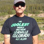 Man wearing Leadville Colorado t-shirt outdoors